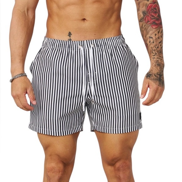 NWT YoungLA 1056 Striped Swim Shorts Black White Size Small 4’‎ inseam - Picture 1 of 6